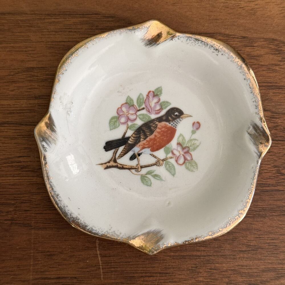 Bird On Branch Porcelain Gold Trim Small Vintage Small Plate Made In Japan